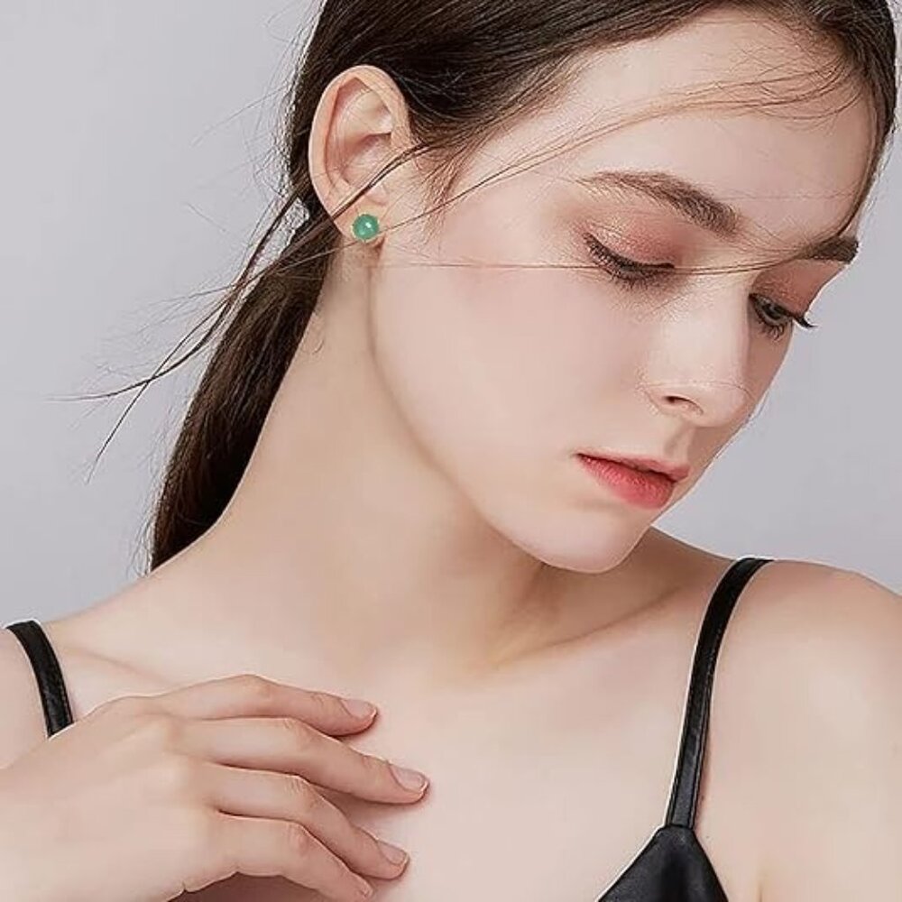 Heart Gold Green Jade Sterling Silver Stud Earrings View 2